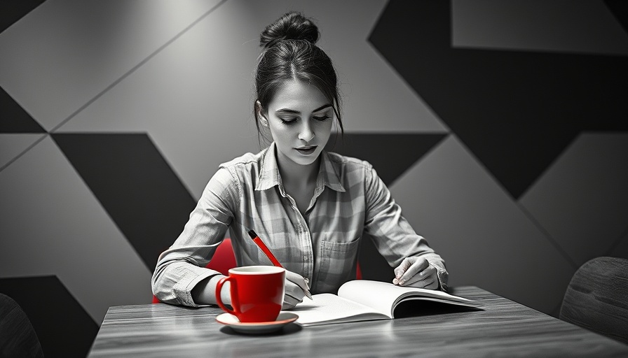 Focused woman writing notes surrounded by geometric patterns.