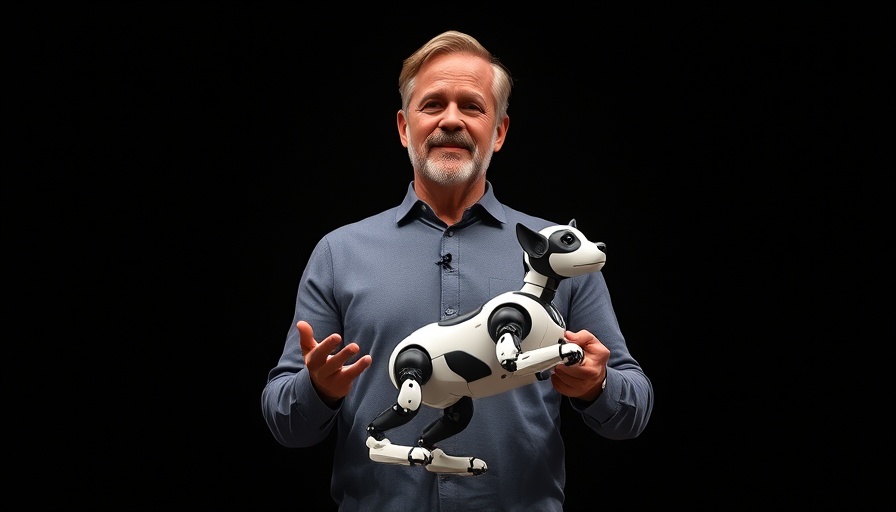 Man presenting robotics technology in veterinary clinics stage event.