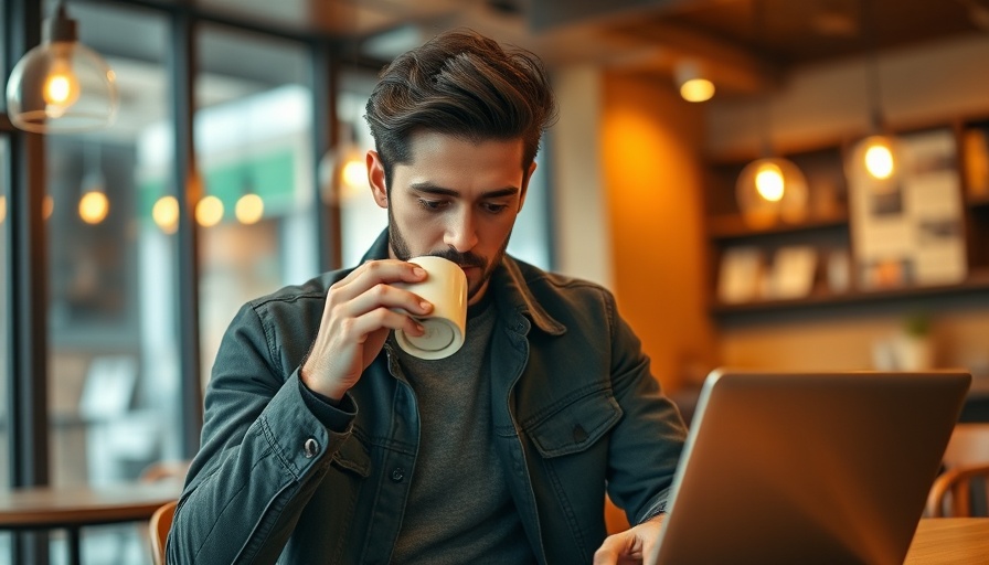 Man checking Twitter stats for MedSpas on phone, cozy cafe.