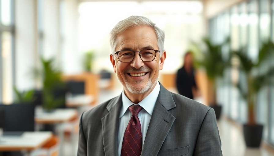 Smiling older man in a suit in bright modern office environment.