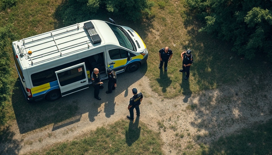 Aerial view of police officers investigating a crime scene.