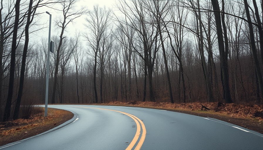 Road curving through a wooded area with stop sign, police officer safety context.