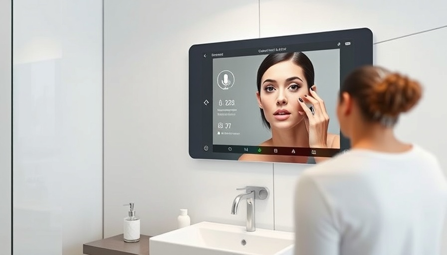 Voice-enabled smart mirror with interface in modern bathroom.