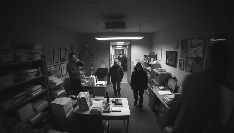 Surveillance footage capturing a burglary in progress in a dimly lit office.