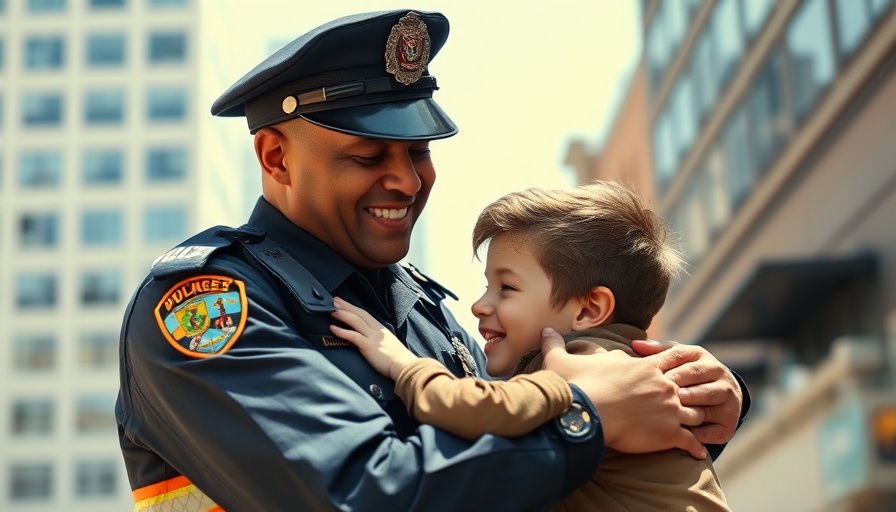 Police officer hugging young boy, showing community trust in policing.