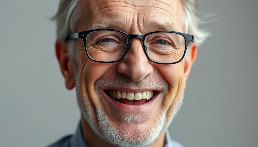 Older smiling man with glasses boosting energy before work.