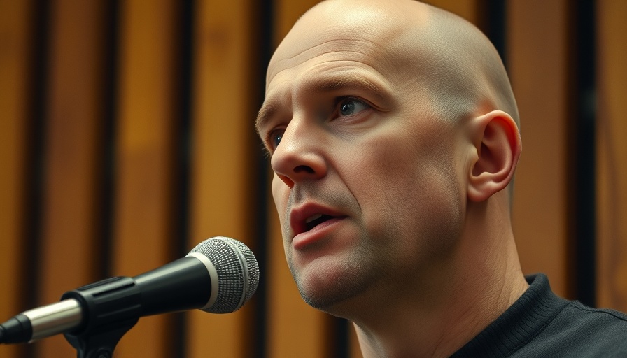 Bald man speaking into microphone in studio with wooden panels.