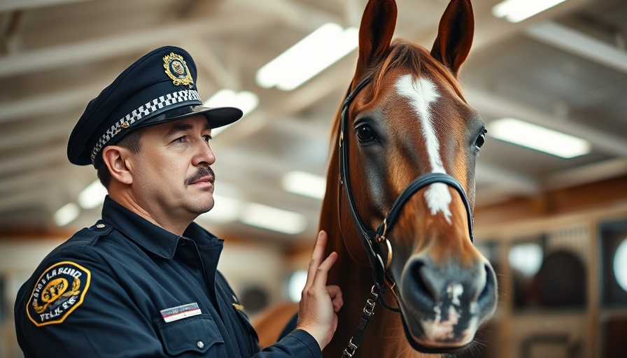 Police officer training horse inside stable.