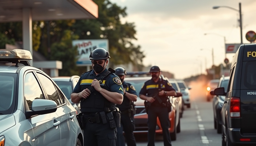 Police officers during a high-speed pursuit at a gas station.