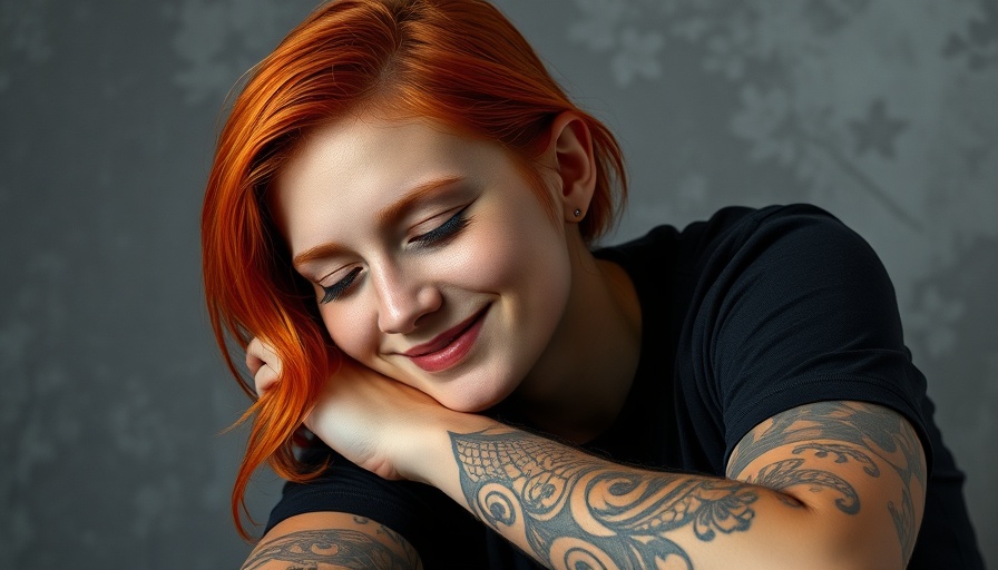 Portrait of a red-haired person with tattoos and a smile.