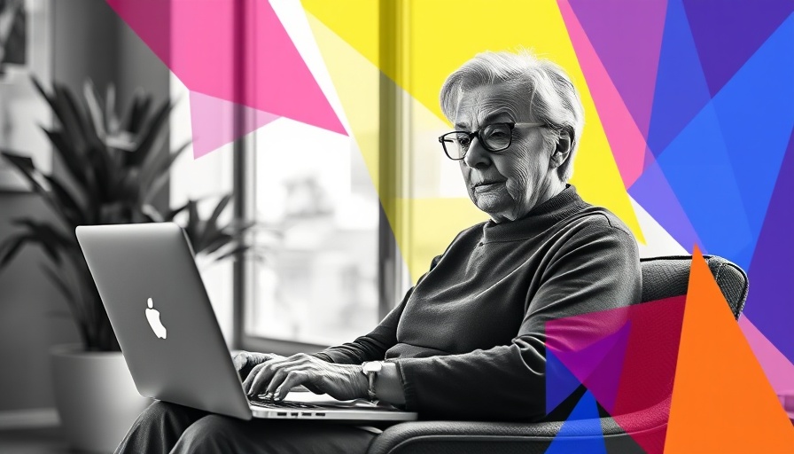 Elderly woman using laptop with abstract shapes, marketing project timeline for veterinary clinics.