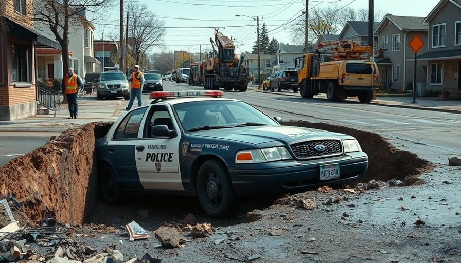 Damaged police car in sinkhole highlights police officer safety concerns.