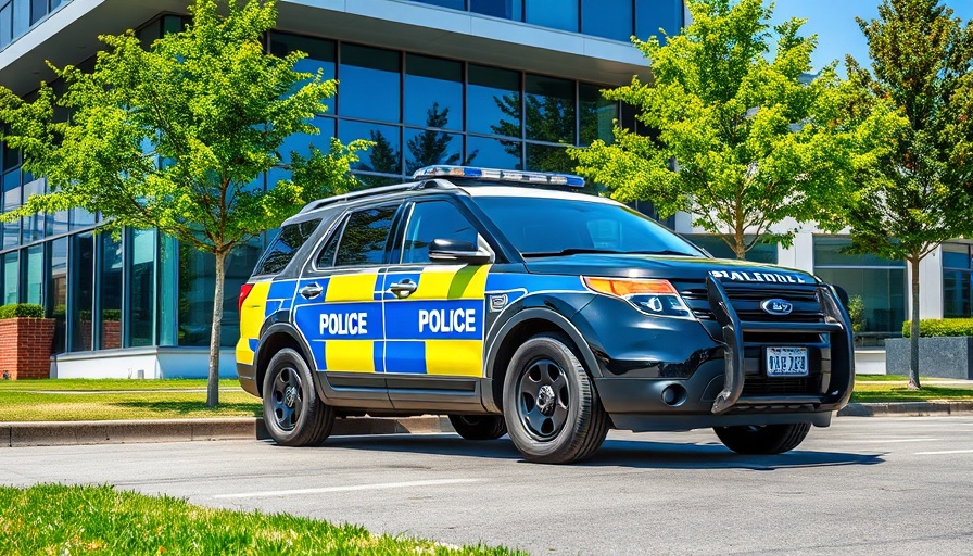 Police vehicle ensuring public safety outside modern building