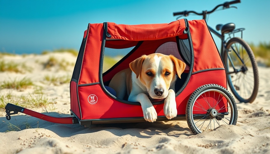 Senior dog in trailer on beach for canine osteoarthritis management.
