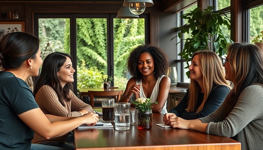 Diverse group of women engaging in social media discussion at a café.