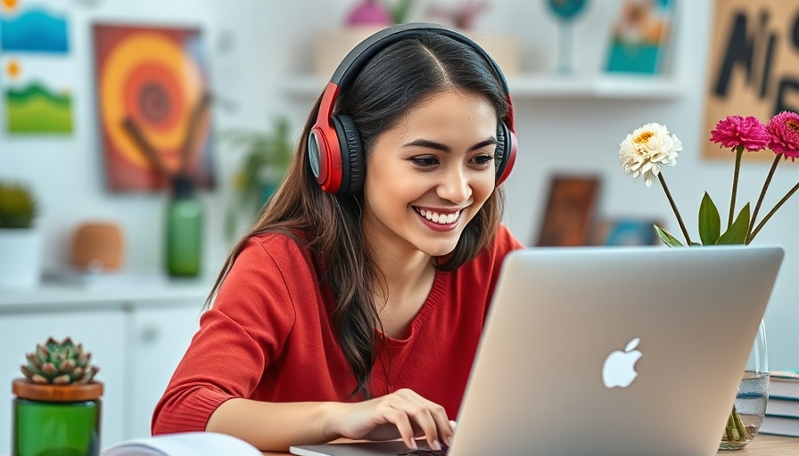 Digital marketing ebooks: woman with headphones using laptop in colorful workspace