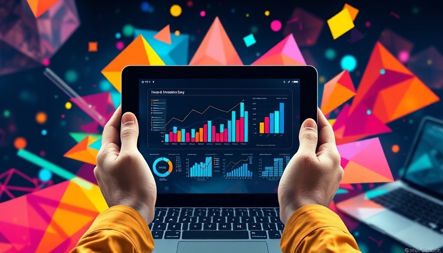 Data visualization tablet in an abstract colorful design for veterinary clinics.