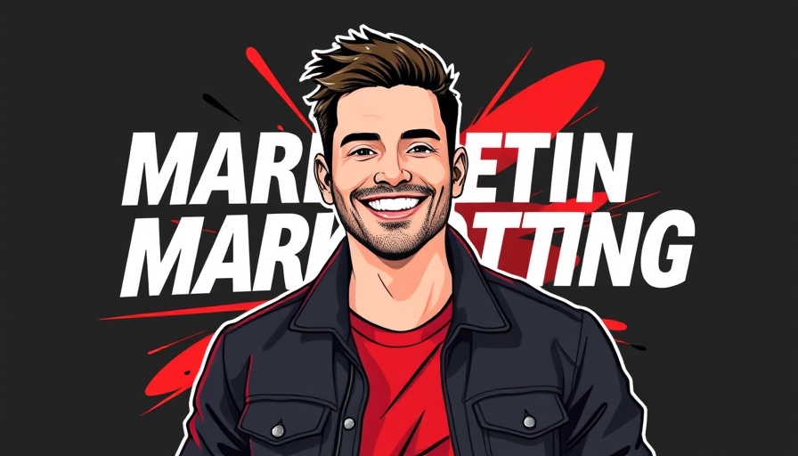 Stylized portrait of a man in a marketing-themed graphic.