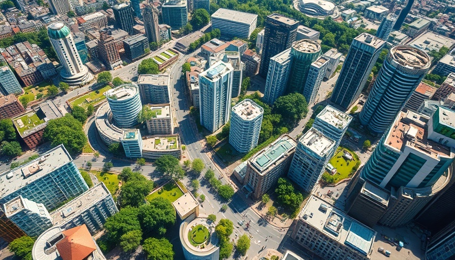 Urban environment emphasizing greenhouse gas reduction targets with green spaces