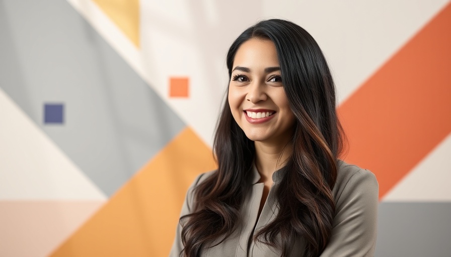 Bootstrap female entrepreneur smiling in front of colorful abstract background.