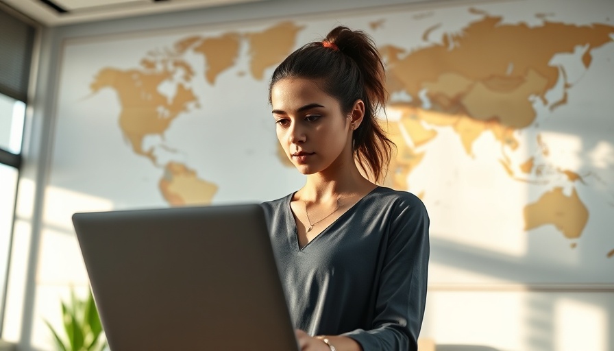 Focused young woman on laptop in office, zero-click searches concept.
