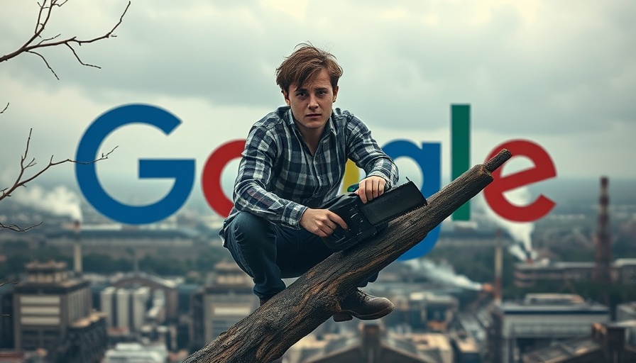 Man sawing branch he sits on, Google logo, industrial backdrop.