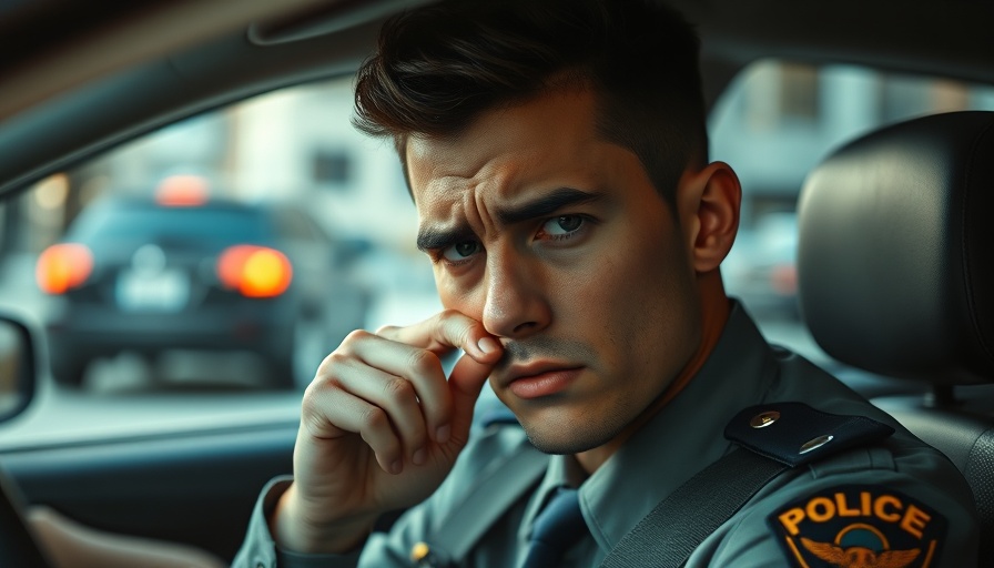 Young officer seated in car showing fatigue and stress, related to police reform.