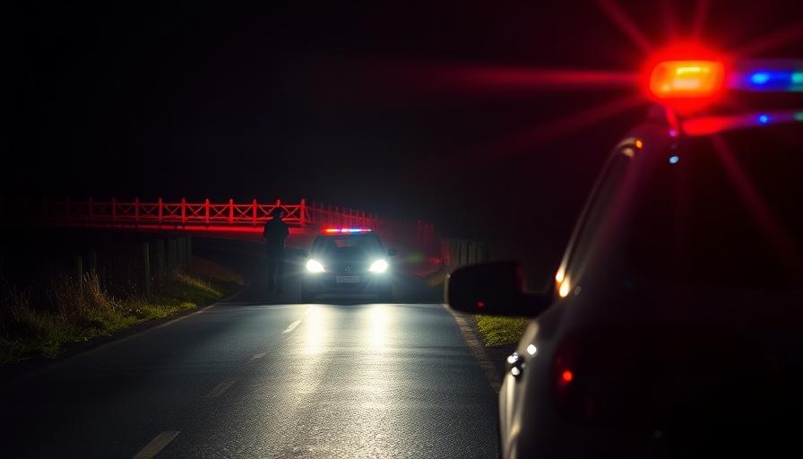 Police officer safety scene at night with car lights on dark road.