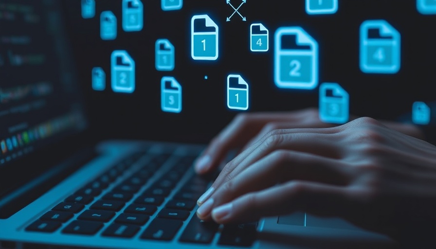 Digital file transfer icons over keyboard symbolizing enterprise website migration strategies.