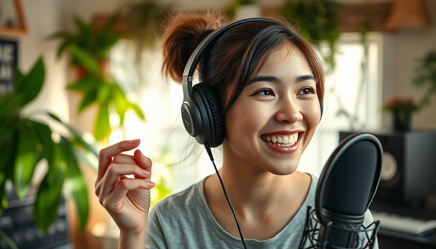 Young woman podcasting in home studio, discussing SEO podcasts for veterinary clinics.