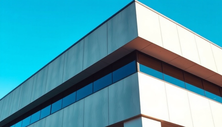 Building facade with logo under clear blue sky, architectural focus