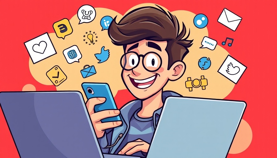 Animated young man using phone and laptop for social media entrepreneurship.
