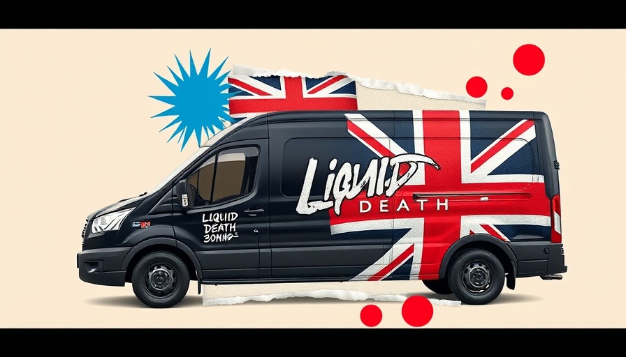 Black van with Liquid Death branding and UK flag in a collage.