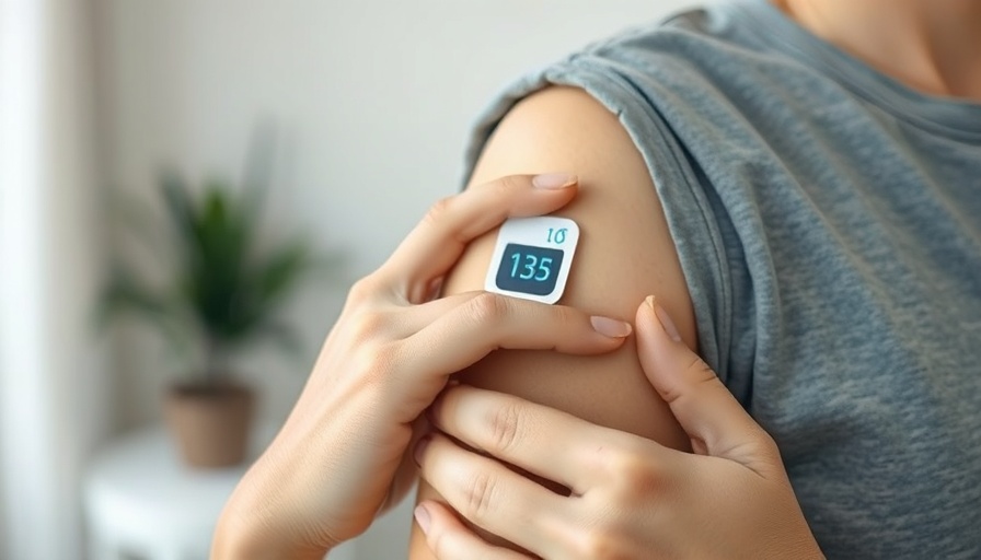 Hand applying diabetes monitoring patch on arm, diabetes technology for type 2.