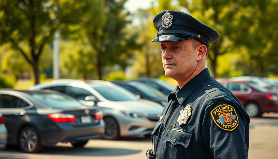 Police officer ensuring safety outside in parking area.