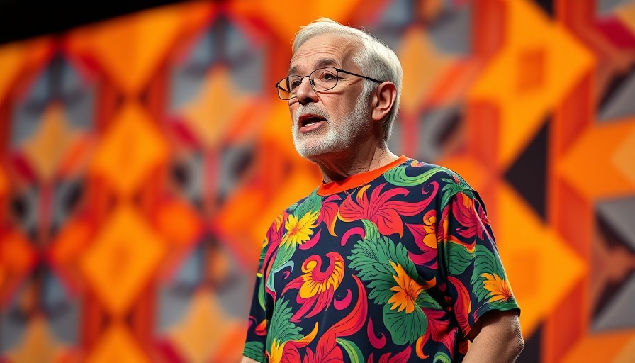 Man on stage with abstract background discussing Google updates for veterinary clinics.