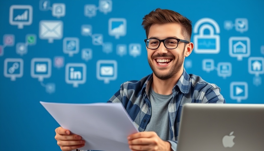 AI social listening tools for MedSpas: Man with laptop, vibrant setting.