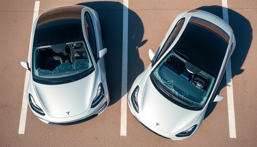 Aerial view of vandalized Teslas in a parking lot, daylight.