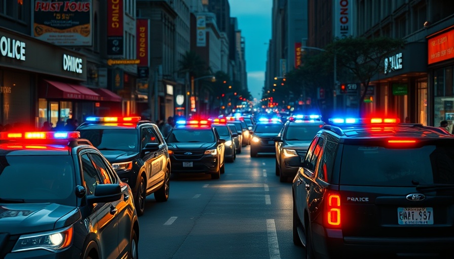 Police SUVs highlight vigilante justice risks in urban setting.
