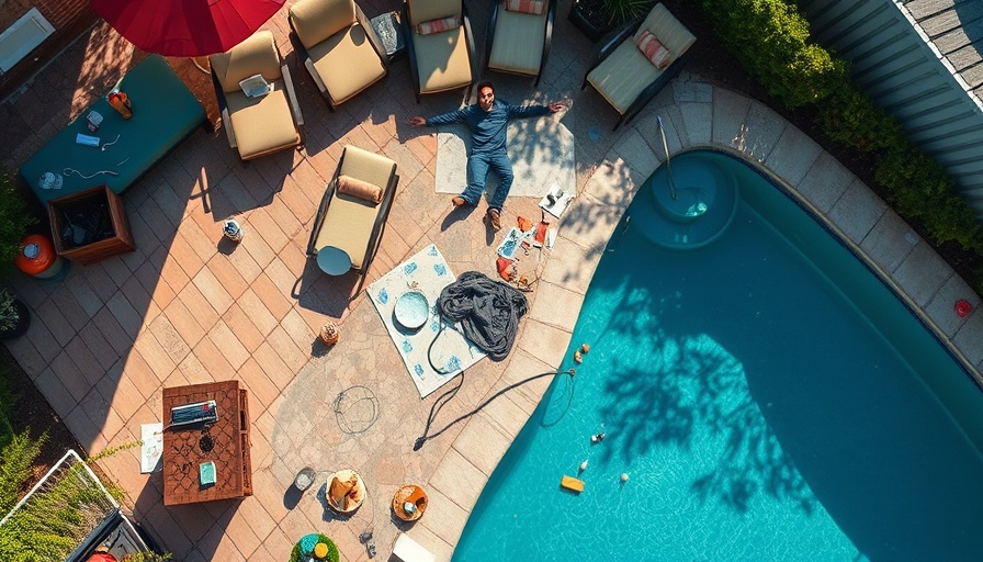 Aerial view of man lying near pool with scattered items, LAPD arrests man for pointing gun at police helicopter