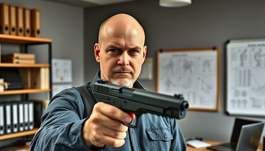 Bald man in office holding a handgun during training session for police.