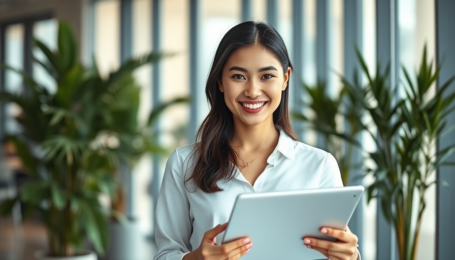 Confident woman in office holds tablet, representing E-E-A-T in AI content.