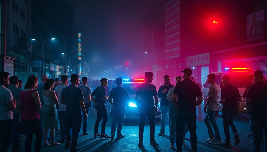Chaotic street scene highlighting police officer safety at night.