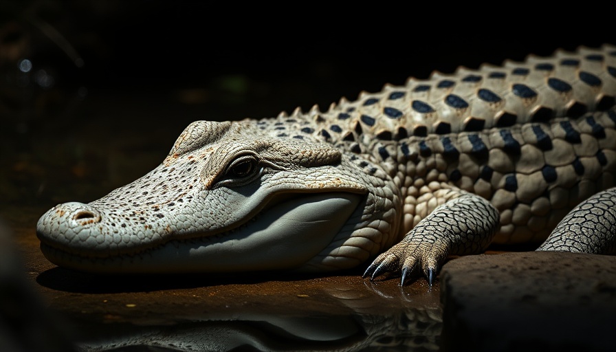 Leucistic alligator resting near water's edge, serene.