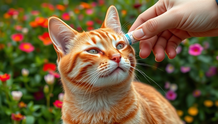 Ginger cat receiving preventive dosing in a garden setting.