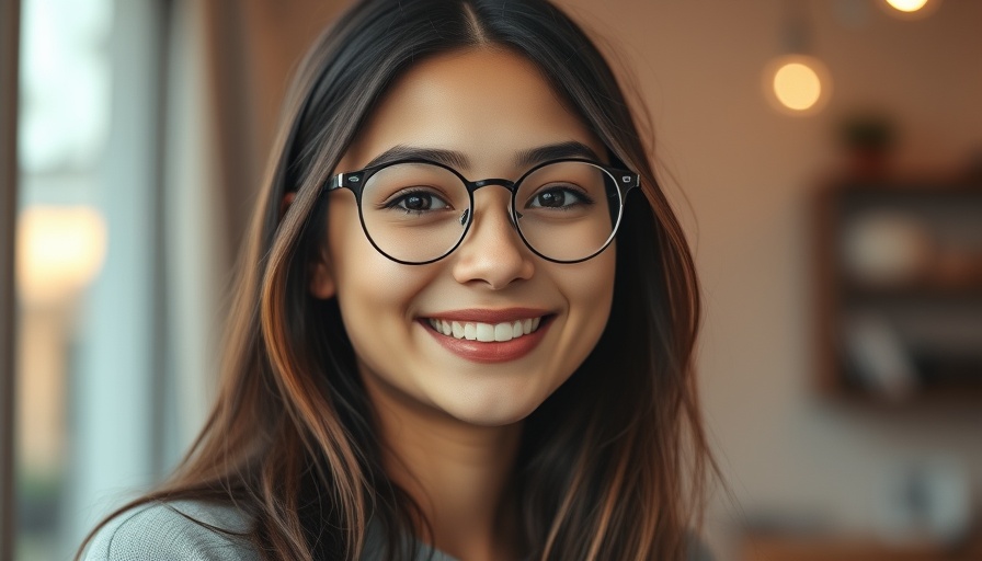 Smiling young woman with glasses in natural setting.
