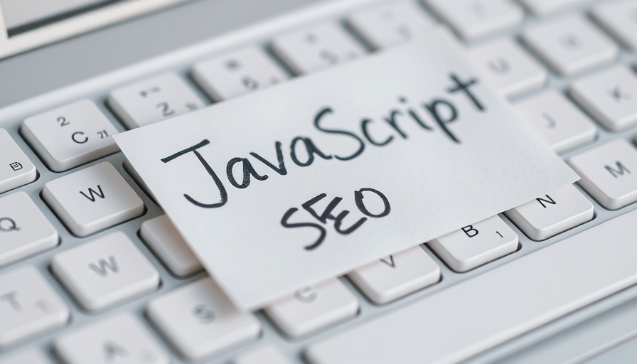 Handwritten JavaScript SEO note on white keyboard.