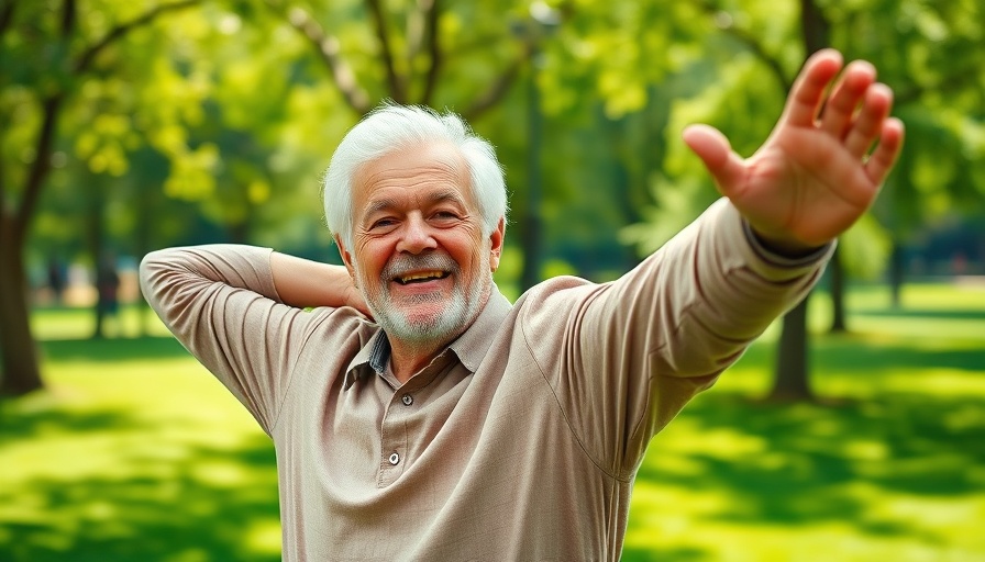 Older man stretching outdoors to increase brain size with effort.