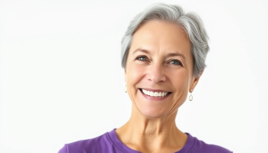 Middle-aged woman smiling in a purple top, workplace emotional triggers.