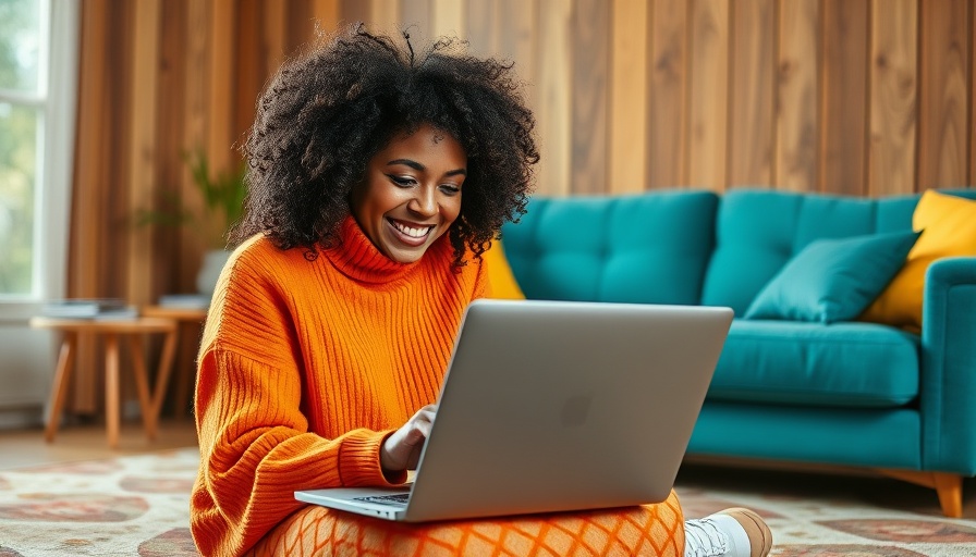 Woman using laptop in cozy living room for social media sentiment analysis tools